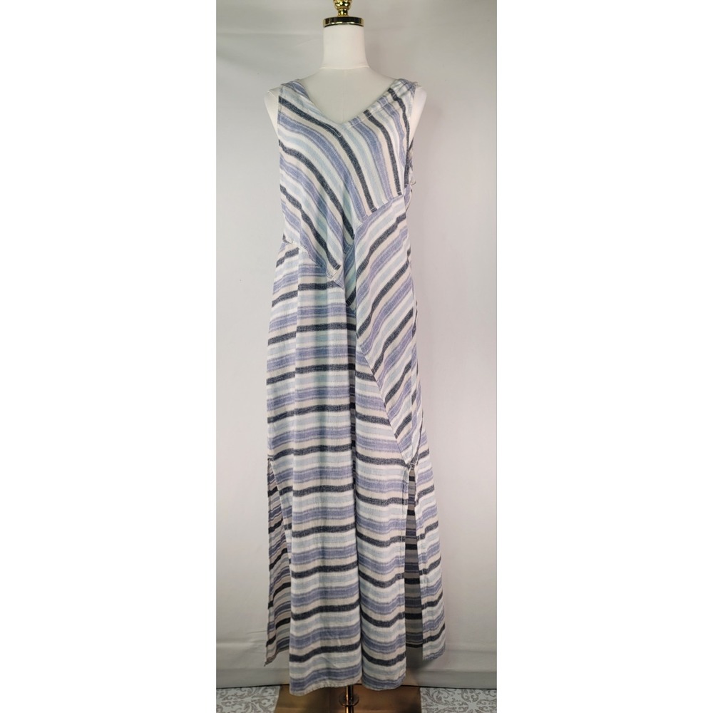 Caslon Blue White Striped Linen Blend Maxi Dress Side Slit Coastal Resort M